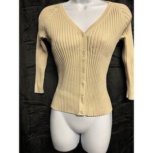 Vintage Tommy Hilfiger Cream 3/4 Sleeve Rib Knit V Neck Button Top Sz M